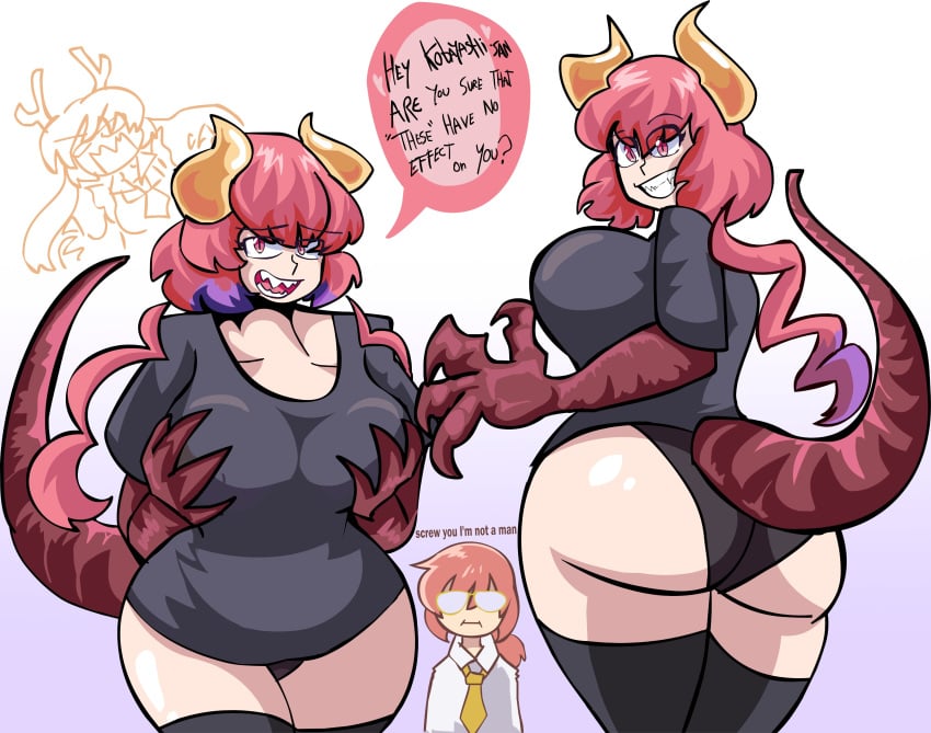 big_breasts big_thighs black_panties black_shirt breast_grab breast_squeeze breasts clothed clothing comic dragon dragon_horns dragon_tail english_dialogue english_text female female_only fully_clothed giant_breasts horns huge_ass huge_breasts ilulu_(dragon_maid) ilulu_(maidragon) interspecies kobayashi-san_chi_no_maidragon large_breasts manu_618 massive_breasts pink_hair red_eyes red_hair seductive seductive_eyes seductive_look seductive_smile sharp_claws sharp_fangs sharp_teeth shortstack smaller_female stockings stockings_thigh_highs tagme teasing text thick_thighs