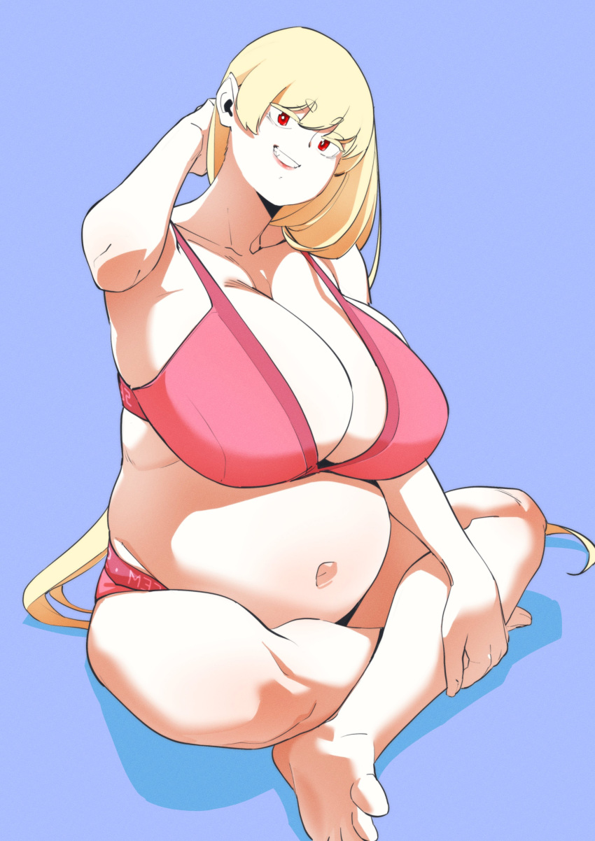 1girls belly big_belly big_breasts bikini blonde_hair breasts cleavage female gigantic_breasts huge_breasts kyattorosu pregnant red_eyes solo