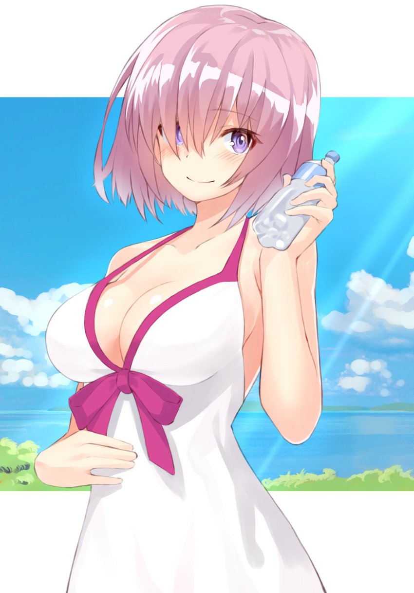 1girls big_breasts breasts cleava collarbone fate/grand_order fate_(series) female hair_over_one_eye mash_kyrielight mashu pink_hair purple_eyes shielder_(fate) shielder_(fate/grand_order) shirt shunichi solo tie type-moon