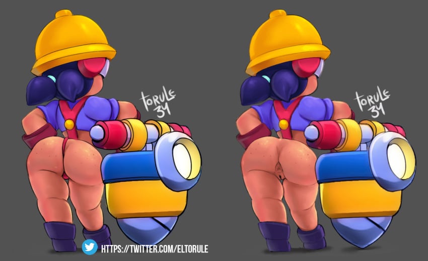 (handy) anus ass ass_focus back bare_thighs big_ass big_butt blue_clothing blue_hair bottomless brawl_stars clothed clothing comparing construction_worker drill female female_focus female_only freckles from_behind full_body half-dressed helmet helmet_headphones jacky_(brawl_stars) light-skinned_female light_skin mole mole_on_ass no_panties panties partially_clothed pussy rear_view red_thong robot simple_background solo solo_female solo_focus standing thong tied_hair torule34 twintails uniform watermark wedgie