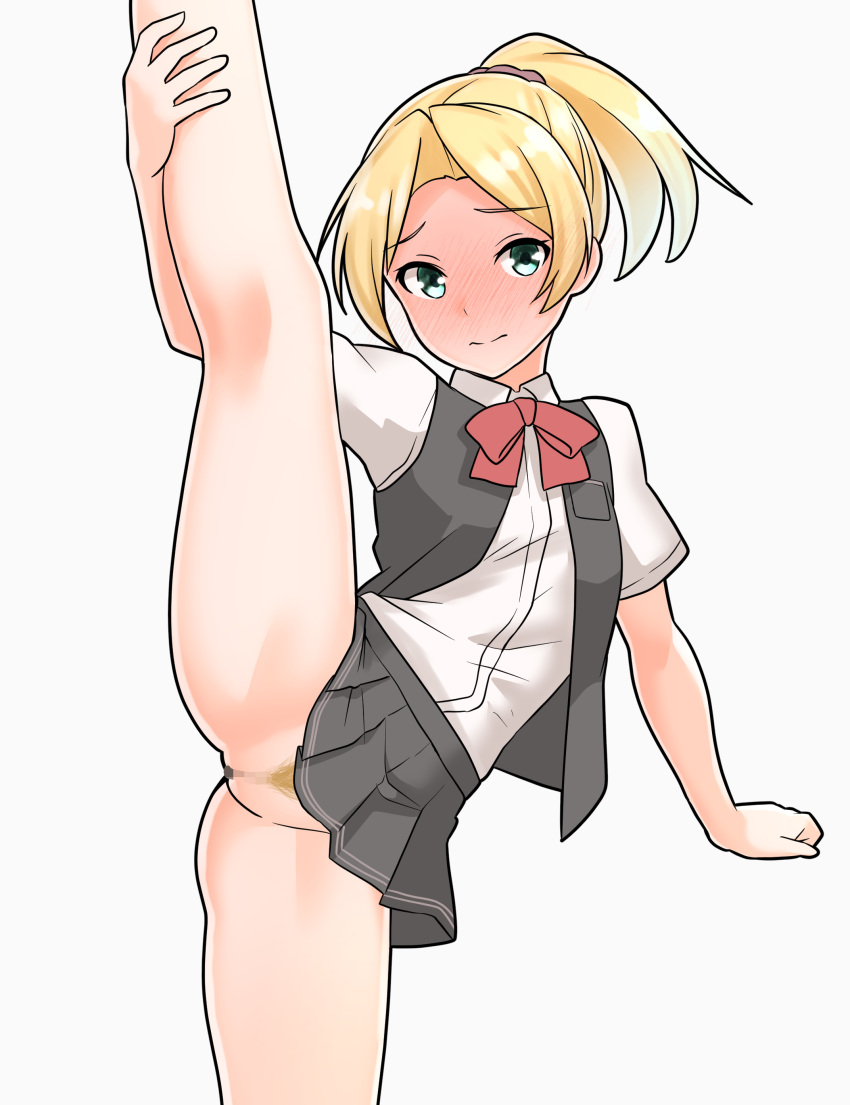 absurdres belly black_skirt black_socks blonde_hair blonde_pubic_hair bow bowtie censored collared_shirt colored_pubic_hair commentary_request female female_pubic_hair furaggu_(frag_0416) green_eyes grey_socks hair_ornament hair_scrunchie highres kantai_collection looking_at_viewer maikaze_(kancolle) medium_hair mosaic_censoring no_panties ponytail pubic_hair pussy red_bow red_bowtie school_uniform scrunchie shirt short_sleeves skirt socks solo split standing standing_on_one_leg standing_split variant_set white_shirt