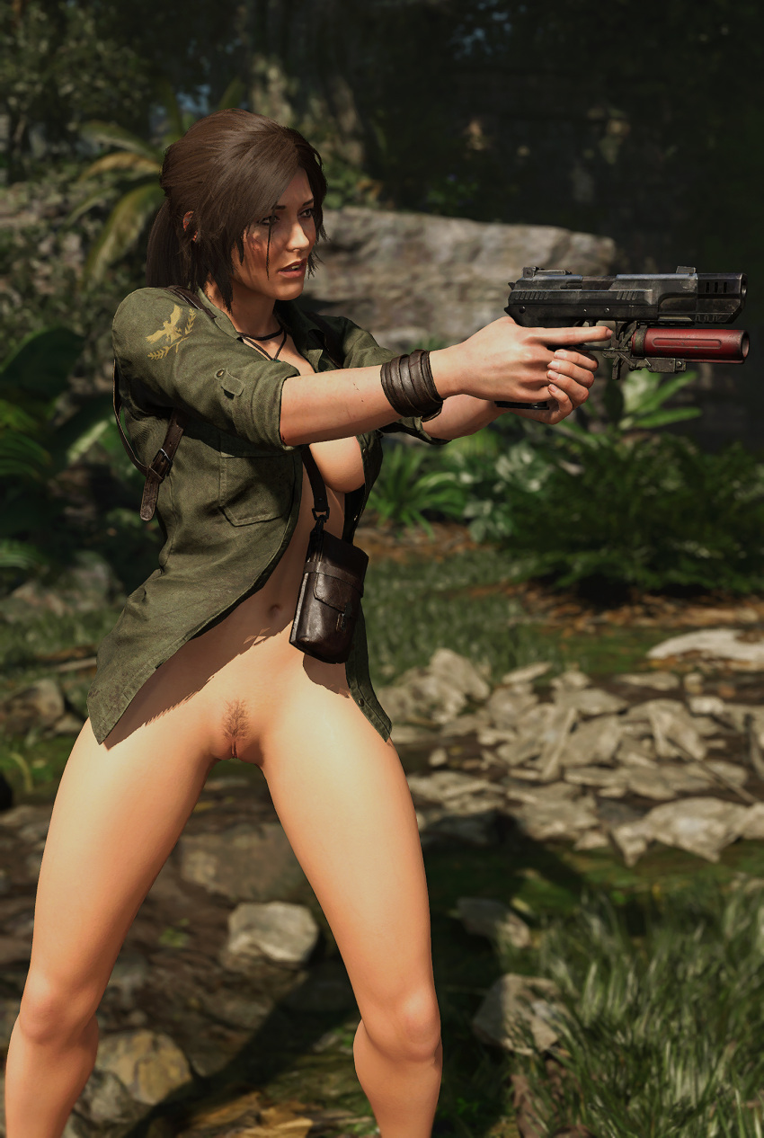 1girls 3d faith103 female game_screenshot gun handgun jacket lara_croft lara_croft_(survivor) mod naked_jacket solo tomb_raider tomb_raider_(survivor) weapon
