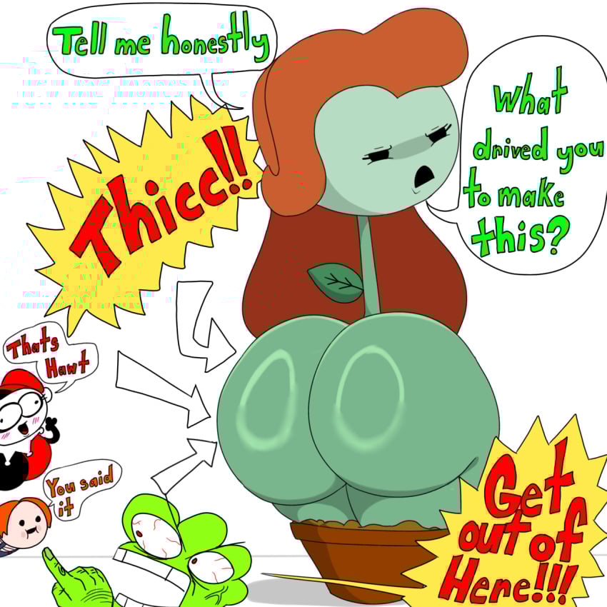 angry_face arrows big_ass big_breasts big_eyes bold_text bottom_heavy breasts cartoony chucky_(doobus_goobus) crossplay curvy_hips dissappointed_look doobus_goobus doobus_goobus_(character) doobus_goobus_(person) exaggerated_expression fat_ass funny green_skin hairy_hands harley_quinn_(doobus_goobus) japansadface joke leaf looking_back male orange_hair plant_girl pointing poison_ivy_(doobus_goobus) potted_plant red_pupils talking_to_viewer text text_bubble veiny_eye white_background younger_male