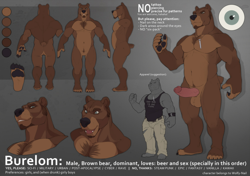 1boy 2014 animal_genitalia anthro ass balls bear burelom_(wolfy-nail) claws clothed clothing erection facial_hair fur furry furry_only grin hair looking_at_viewer male male_only mammal model_sheet muscles nude open_mouth paws penis shirt smile solo standing text tongue wolfy-nail