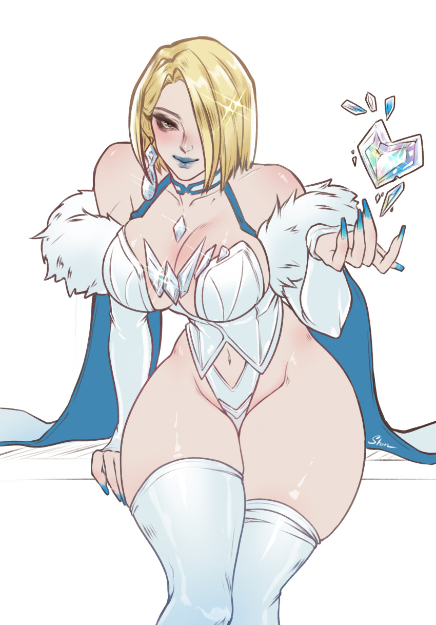 1girls absurd_res big_breasts blonde_female blonde_hair blue_lipstick blue_nails bob_cut boots breasts emma_frost emma_frost_(marvel_rivals) female female_focus female_only hi_res high_heel_boots high_heels large_breasts light-skinned_female light_skin looking_at_viewer marvel marvel_comics marvel_rivals shinkodoku thick_thighs thighhighs thighs wide_hips