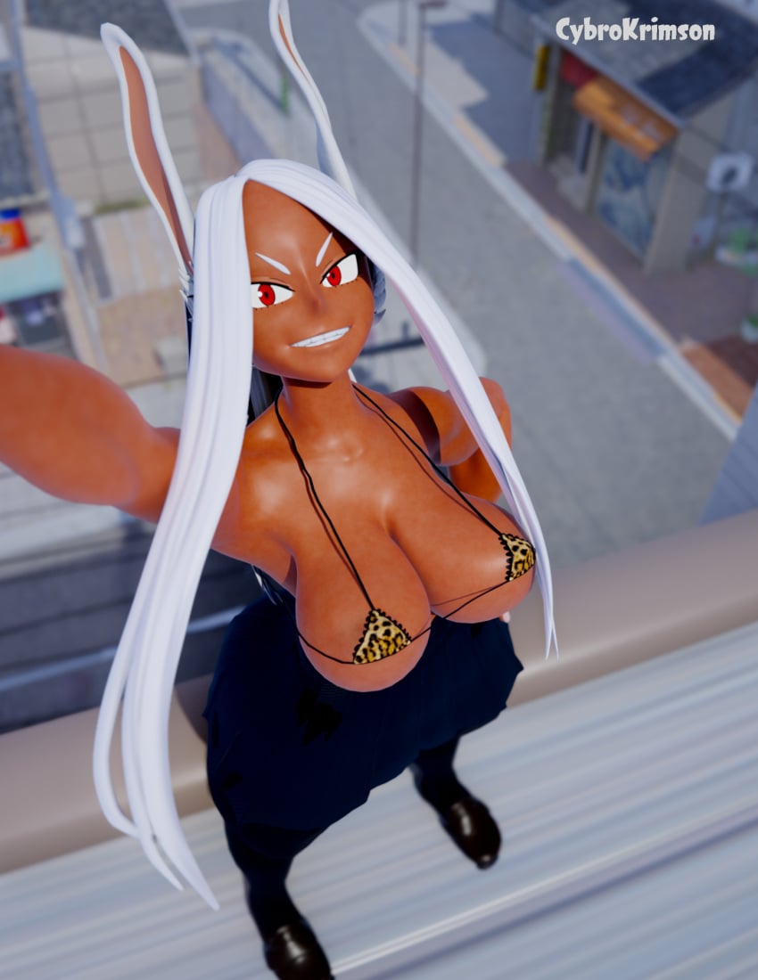 3d belly big_breasts bikini_top blender boku_no_hero_academia brown_skin bunny_ears cybrokrimson leopard_print miruko my_hero_academia rabbit_ears rumi_usagiyama selfie