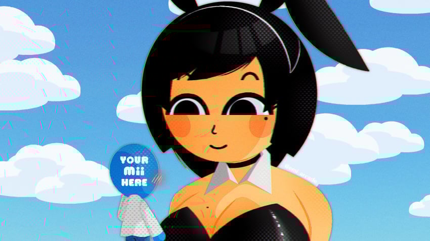 ava_(gazoogaloo) blue_sky blush breasts did_you_want_to_talk? emi_arcade female giantess meme meme_reference mii mole_on_breast mole_on_face nintendo oc playboy_bunny smiling tomodachi_life tomodachi_life:_living_the_dream