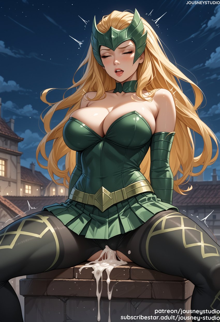 after_sex ai_generated amora_the_enchantress arms_behind_back bangs bare_shoulders black_legwear black_pantyhose blonde_hair blush breasts choker cleavage closed_eyes closed_eyes clothing cloud collarbone covered_navel cum cum_in_pussy cumdrip day dress elbow_gloves enchantress_(marvel) female female female_only genital_fluids gloves green_gloves green_skirt headpiece headwear jewelry jousneystudio large_breasts legwear lips long_hair marvel marvel_comics moon nakadashi night night_sky nipples open_mouth outdoors overflow pantyhose pleated_skirt pussy semen sitting skirt sky smile solo spread_legs star_(sky) teeth thighhighs thighs thor_(series) tongue torn_pantyhose trembling vagina