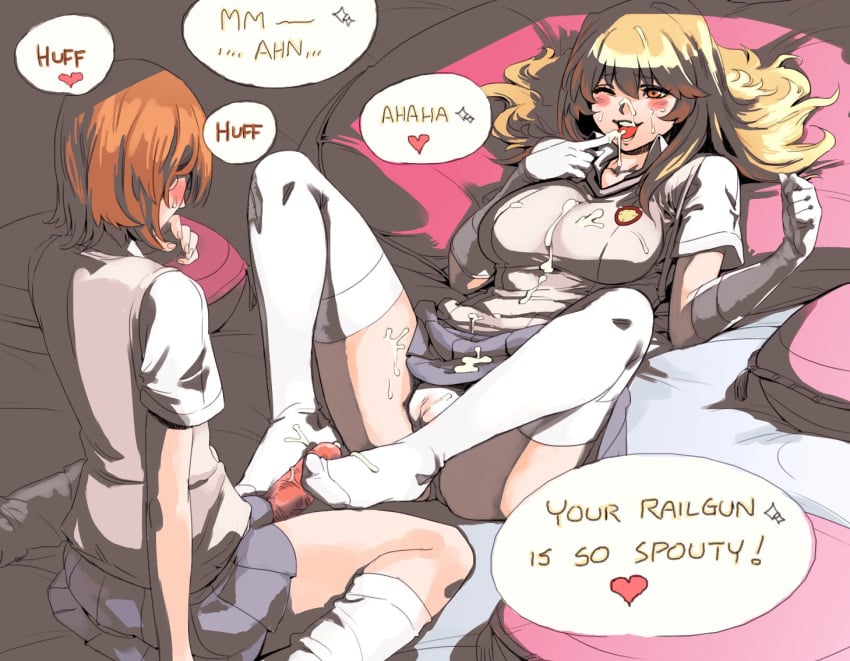 2girls archvermin blonde_hair blush breasts brown_hair cum cum_on_body cum_on_breasts cum_on_face cum_on_lower_body cum_on_upper_body elbow_gloves english english_text facial footjob futa_with_female futanari gloves hair intersex long_hair loose_socks lying misaka_mikoto multiple_girls on_back one_eye_closed open_mouth orange_eyes panties penis_under_skirt school_uniform schoolgirl shokuhou_misaki short_hair sitting skirt socks teenage_futa teenage_girl teenager teenager_on_teenager text thigh_socks thighhighs to_aru_kagaku_no_railgun to_aru_majutsu_no_index tokiwadai_school_uniform underwear wariza white_gloves white_legwear white_socks young