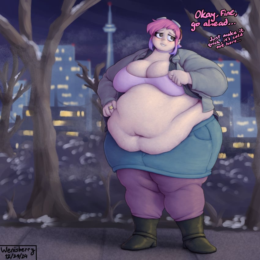 artist_name artist_signature bbw bra city dialogue goggles huge_ass huge_belly huge_breasts huge_thighs overweight park pink_hair ramona_flowers scott_pilgrim ssbbw tagme text wenisberry