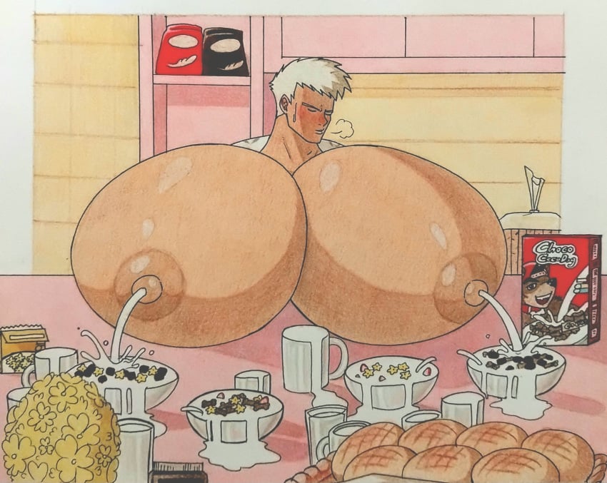 1boy bara bara_tiddies bara_tits big_chest busty cnb2804 gushing gushing_milk huge_chest huge_pecs lactating lactation lactation_without_expressing male male_lactation male_only pecs_bigger_than_head solo solo_male tan_skin tan_skinned_male white_hair