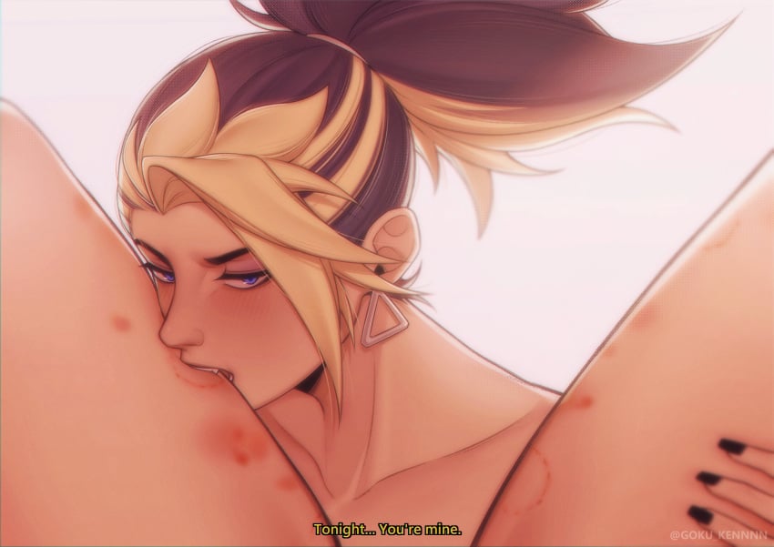 1girls 2d akali artist_name bite_mark biting biting_thigh english_subtitles female female/female female_focus female_only female_pov human k/da_akali k/da_all_out_akali k/da_all_out_series k/da_series league_of_legends lesbian pov spread_legs subtitled wukenn yuri