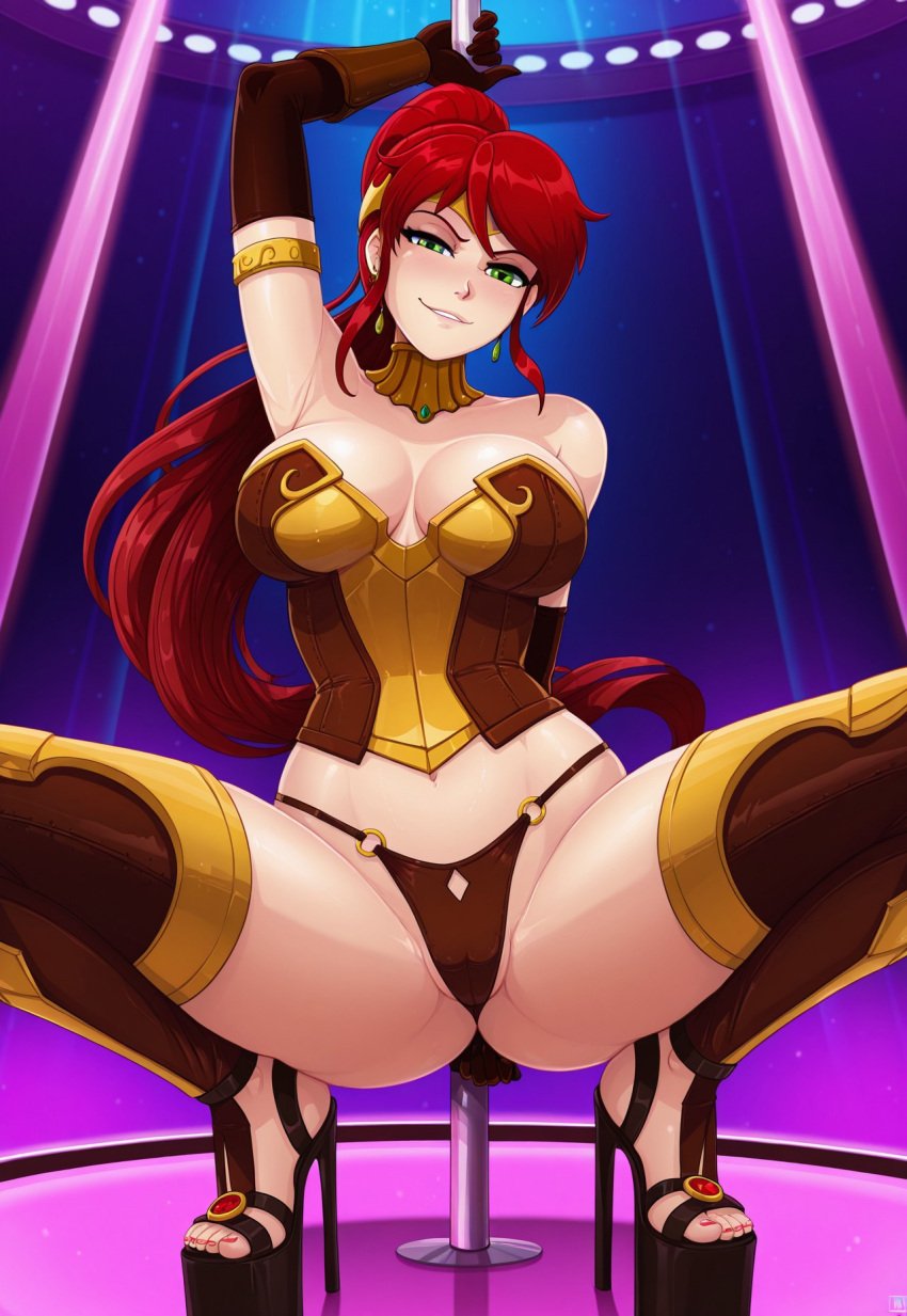 1girls ai_generated arm_gloves armlet circlet corset fit fit_female gloves gorget green_eyes happy high_ponytail long_hair looking_at_viewer platform_heels ponytail pyrrha_nikos red_hair rwby sidelocks smile solo solo_female strip_club stripper stripper_pole tagme thighhighs thong wink winking_at_viewer