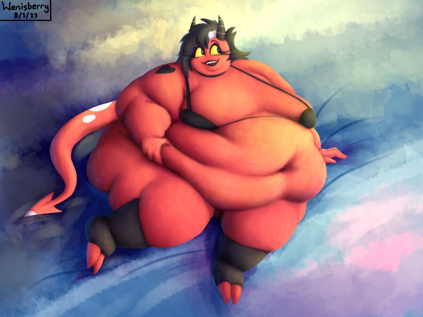 artist_name artist_signature bbw black_hair bra breasts demon fat_rolls female flabby_arms helluva_boss horns huge_ass huge_belly huge_breasts huge_thighs imp lipstick millie_(helluva_boss) overweight red_body ssbbw tagme tail vivziepop wenisberry yellow_eyes