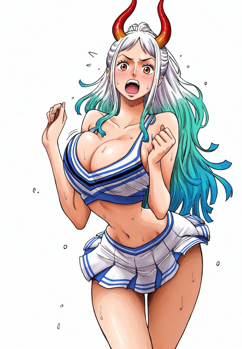 1girls ai_generated alternate_costume bangs bare_shoulders big_breasts blue_hair blush bouncing_breasts breasts cheerleader cheerleader_uniform cleavage clothing collarbone crop_top curvy cyan_hair embarrassed eyelashes female female_focus female_only highres horn humanoid large_breasts lips long_hair midriff miniskirt navel no_bra one_piece oni open_mouth orange_eyes pinup ponytail revealing_clothes running shiny_skin sideboob sidelocks simple_background skimpy skirt sleeveless solo solo_female sweat sweatdrop tank_top teeth thick_thighs thighs thin_waist tied_hair tongue voluptuous white_background white_hair yamato_(one_piece) yashin