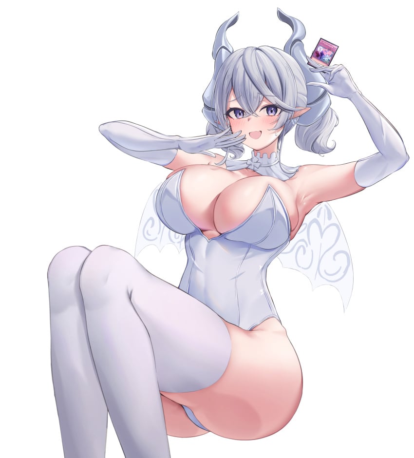 absurdres armpits arms_up ass ass_press belly blurry blush breasts card cleavage crossed_bangs depth_of_field detached_collar duel_monster elbow_gloves female from_below gloves grey_hair grey_leotard hair_between_eyes hands_up highres horns invisible_chair konami labrynth_of_the_silver_castle lady_labrynth_of_the_silver_castle large_breasts leotard looking_at_viewer lovely_labrynth_of_the_silver_castle open_mouth playing_card pointy_ears punchneko purple_eyes short_twintails simple_background sitting smile solo thighhighs twintails white_background white_gloves wings yu-gi-oh!