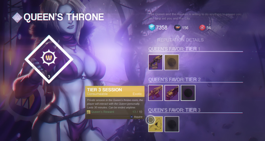 1girls annoyed annoyed_expression awoken blue_eyes blue_skin breasts bungie destiny_(game) female gameplay_mechanics gui humor looking_at_viewer mara_sov midriff queen_of_the_reef revealing_clothes stripping thick_thighs thighs ultamisia vidya