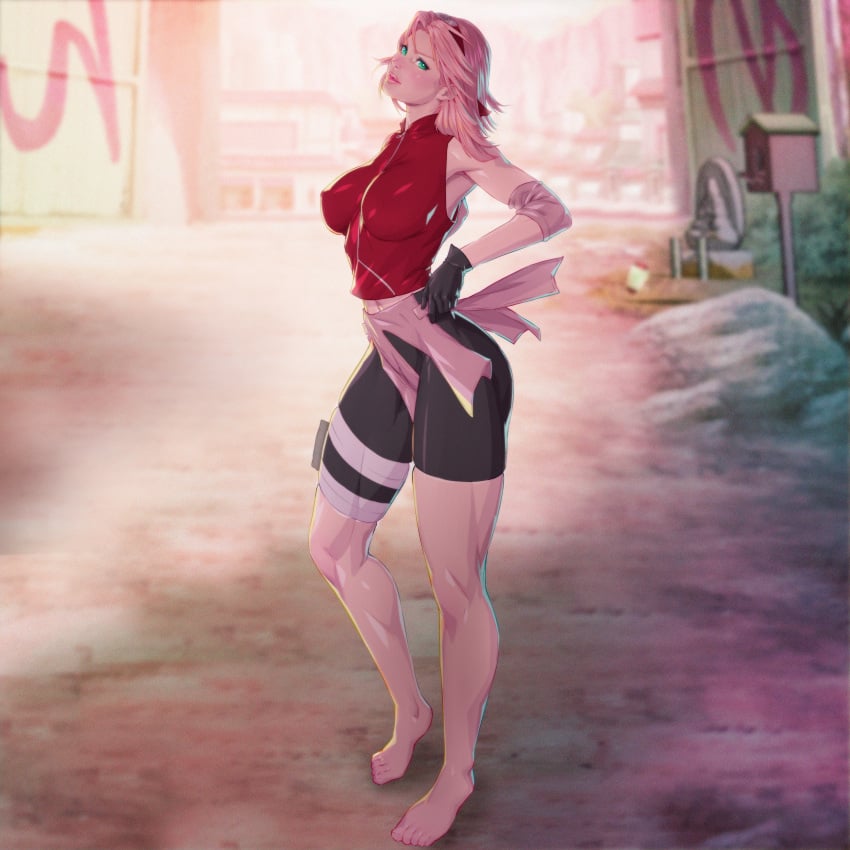 1girls arttoru big_breasts breasts female female_only full_body fully_clothed green_eyes naruto nipple_bulge pink_hair sakura_haruno shounen_jump solo solo_female thick_thighs tight_clothing