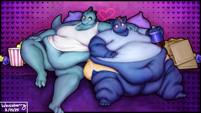 2girls anthro artist_name artist_signature bbw bea_santello blue_fur blue_scales crocodilian fat_rolls fatfur feline female flabby_arms huge_ass huge_belly huge_breasts huge_thighs mae_borowski morbidly_obese night_in_the_woods overweight popcorn red_hair ssbbw tagme tail wenisberry yuri