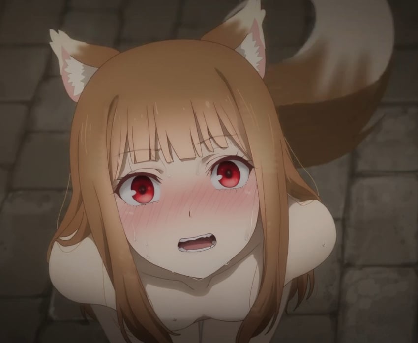 ai_assisted ai_generated bangs blush blush blushing_profusely brown_hair embarrassed female female holo long_hair male naked pale_skin spice_and_wolf survebeak46 sweaty wet wolf_ears wolf_tail