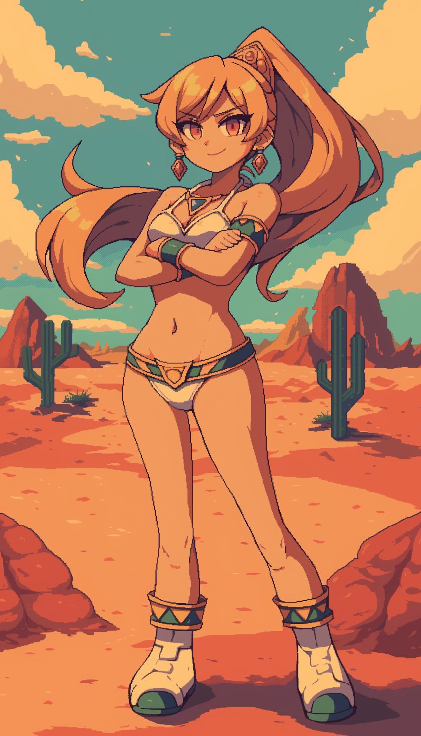 2025 ai_generated crossed_arms desert deviantart earrings eyebrows female light-skinned_female light_skin looking_at_viewer meta necklace orange_eyes orange_hair ponytail shoes slave_bikini tuwalg unnamed_character