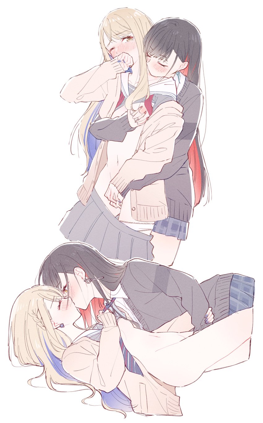 2girls azusawa_kohane beru_popooo black_cardigan black_hair blonde_hair bottomless breasts cardigan closed_eyes clothes_grab clothes_lift collared_shirt colored_inner_hair commentary_request earrings female fingering grabbing_another&#039;s_breast grabbing_from_behind grey_serafuku grey_shirt grey_skirt groping highres jewelry kissing kissing_neck long_hair medium_breasts multicolored_hair multiple_girls necktie necktie_grab neckwear_grab one_eye_closed panties panty_pull pleated_skirt project_sekai reach-around red_hair school_uniform serafuku shiraishi_an shirt shirt_lift simple_background skirt underwear white_background white_panties white_shirt yellow_eyes yuri