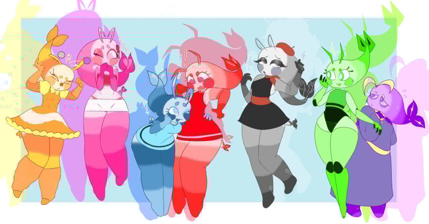 7girls alternate_universe big_thighs chubby_female clothed clown clown_girl dandy's_world female genderswap_(mtf) mime mime_girl multiple_girls revealing_clothes roblox_game robot robot_girl rule_63 sfw shrimp shrimpo_(dandy's_world) shrimpopussy variations