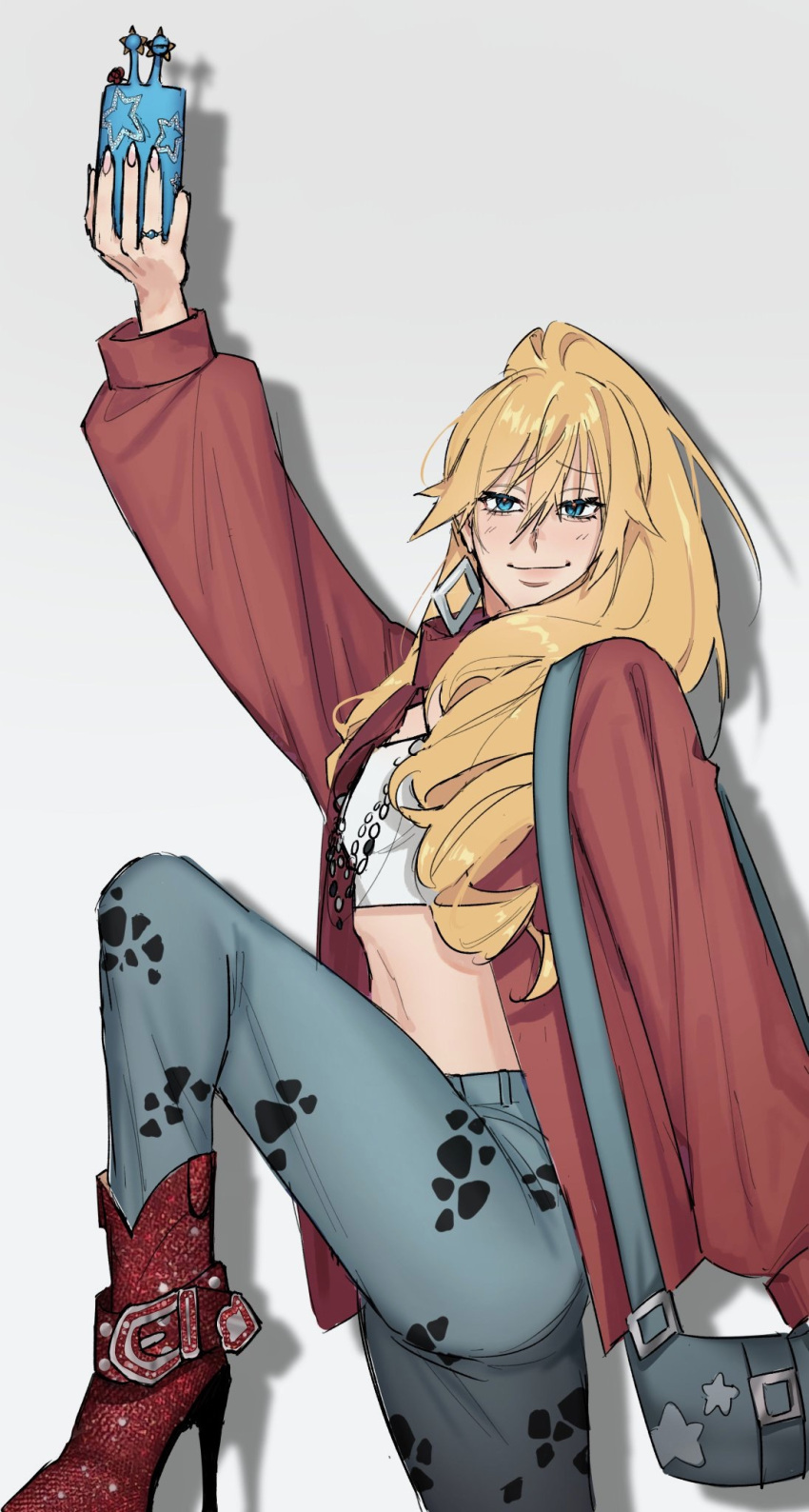 artist_request big_ass blue_eyes cavendish clothing femboy jewelry long_hair male male_only nails one_piece ponytail smartphone smile star thighs yellow_hair