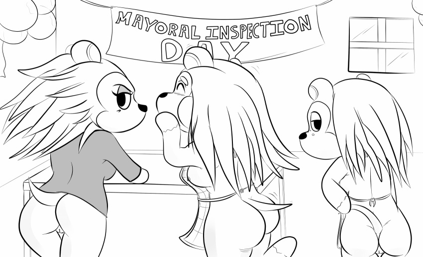 alternate_breast_size animal_crossing anthro apron ass balloon banner black_and_white blush breasts clothing female freckles group hedgehog inside labelle_able looking_at_viewer looking_back mabel_able mammal monochrome naked_apron nintendo nipples pussy rear_view sable_able sideboob table video_games