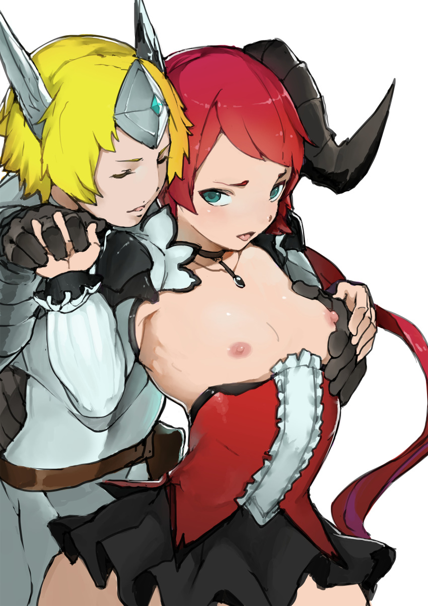 1boy armor bella_(crusaders_quest) blonde_hair breast_grab breasts crusaders_quest female horn leon_(crusaders_quest) nipples red_hair short_hair skirt tongue_out