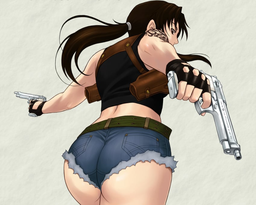 1girls arm_tattoo ass azasuke big_ass big_butt black_lagoon brown_eyes brown_hair brunette butt cutoffs daisy_dukes dat_ass denim denim_shorts female female_only fingerless_gloves gloves gun guns holding_weapon human human_only jean_shorts long_hair pistol ponytail revy round_ears short_shorts shorts solo tattoo tribal_tattoo uncensored weapon weapons