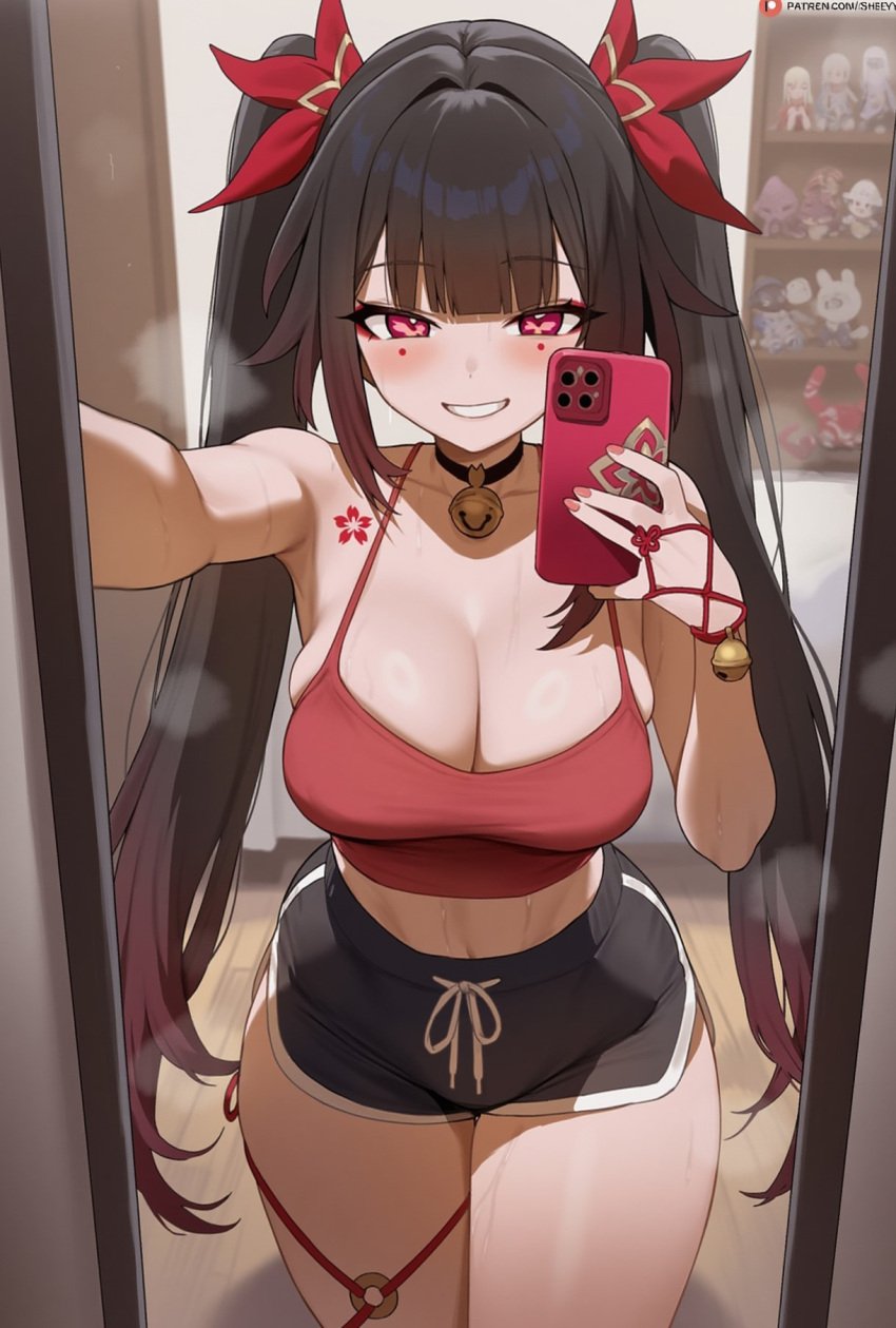 ai_generated bedroom big_breasts breasts choker dolphin_shorts honkai:_star_rail mirror mirror_selfie phone selfie shiny_skin shorts smile smirk sparkle_(honkai:_star_rail) sports_bra sportswear thick_thighs twintails wide_hips wink