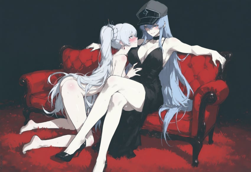 2girls ai_generated akame_ga_kill! black_dress blue_eyes blue_hair blush cap clothed_male_nude_female completely_nude crossed_legs crossover domination esdeath female femdom kizirugai kneeling long_hair older_woman_and_teenage_girl on_couch ponytail rwby shy sitting smirk weiss_schnee white_hair yuri