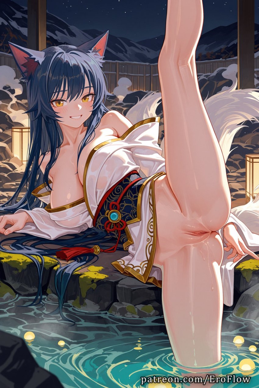1girls 2025 ahri ai_generated animal_ear_fluff animal_ears bangs bare_shoulders black_hair blush breasts cleavage eroflow facial_mark female fox_ears fox_girl fox_tail grin hi_res highres japanese_clothes large_breasts league_of_legends league_of_legends:_wild_rift leg_up long_hair long_sleeves looking_at_viewer makeup multi_tail night obi onsen outdoors patreon pool pussy riot_games sash smile solo tail uncensored vagina voluptuous voluptuous_female water wet wet_clothes whisker_markings white_kimono yellow_eyes