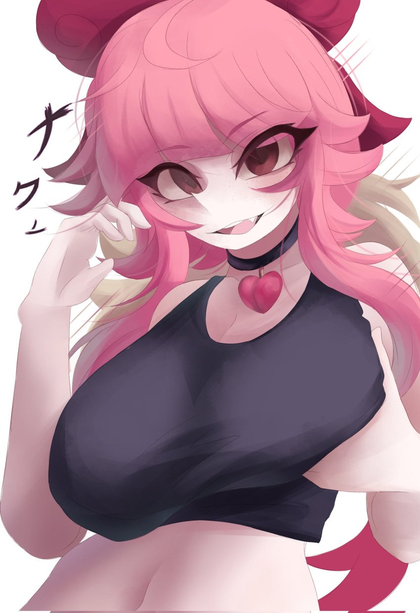 1girls black_choker black_top black_topwear brawl_stars breast_grab breasts choker cleavage female grabbing grabbing_breasts grabbing_own_breast large_breasts long_hair looking_at_viewer melodie_(brawl_stars) navel naxless open_mouth pink_hair simple_background white_background