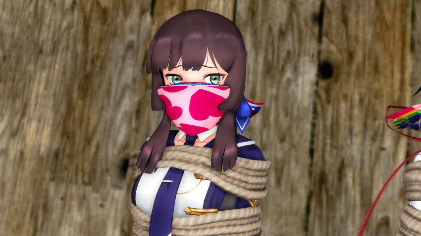3d bondage brown_hair gag gagged green_eyes kantai_collection looking_at_viewer mmd mogador_(kantai_collection) over_the_nose_gag y0z0ra