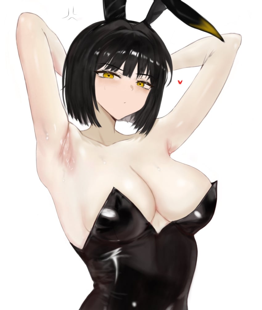 1girls armpit_crease armpits arms_up belly breasts bunny_girl bunnysuit cleavage female female_only huge_breasts human large_breasts limbus_company pmlbtmlorlc presenting_armpit project_moon ryoshu_(limbus_company) solo solo_female sweaty_armpits