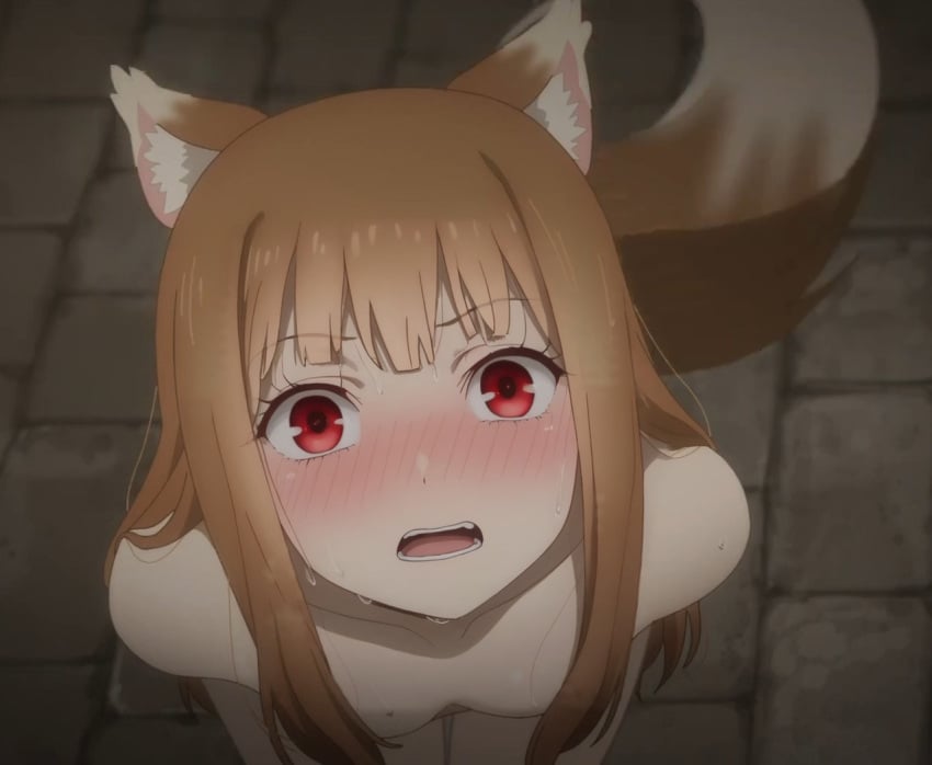 ai_assisted ai_generated bangs blush blush blushing_profusely brown_hair female female holo long_hair male naked pale_skin spice_and_wolf survebeak46 sweaty wet wolf_ears wolf_tail