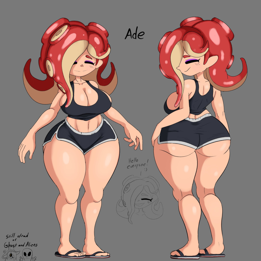 1girls ade_(ghostlyshroom) big_ass big_breasts closed_eyes clothed clothing digital_drawing_(artwork) digital_media_(artwork) female female_focus female_only flip_flops ghostlyshroom octoling octoling_girl octoling_rival smiling splatoon splatoon_2 sports_bra sportswear tank_top text