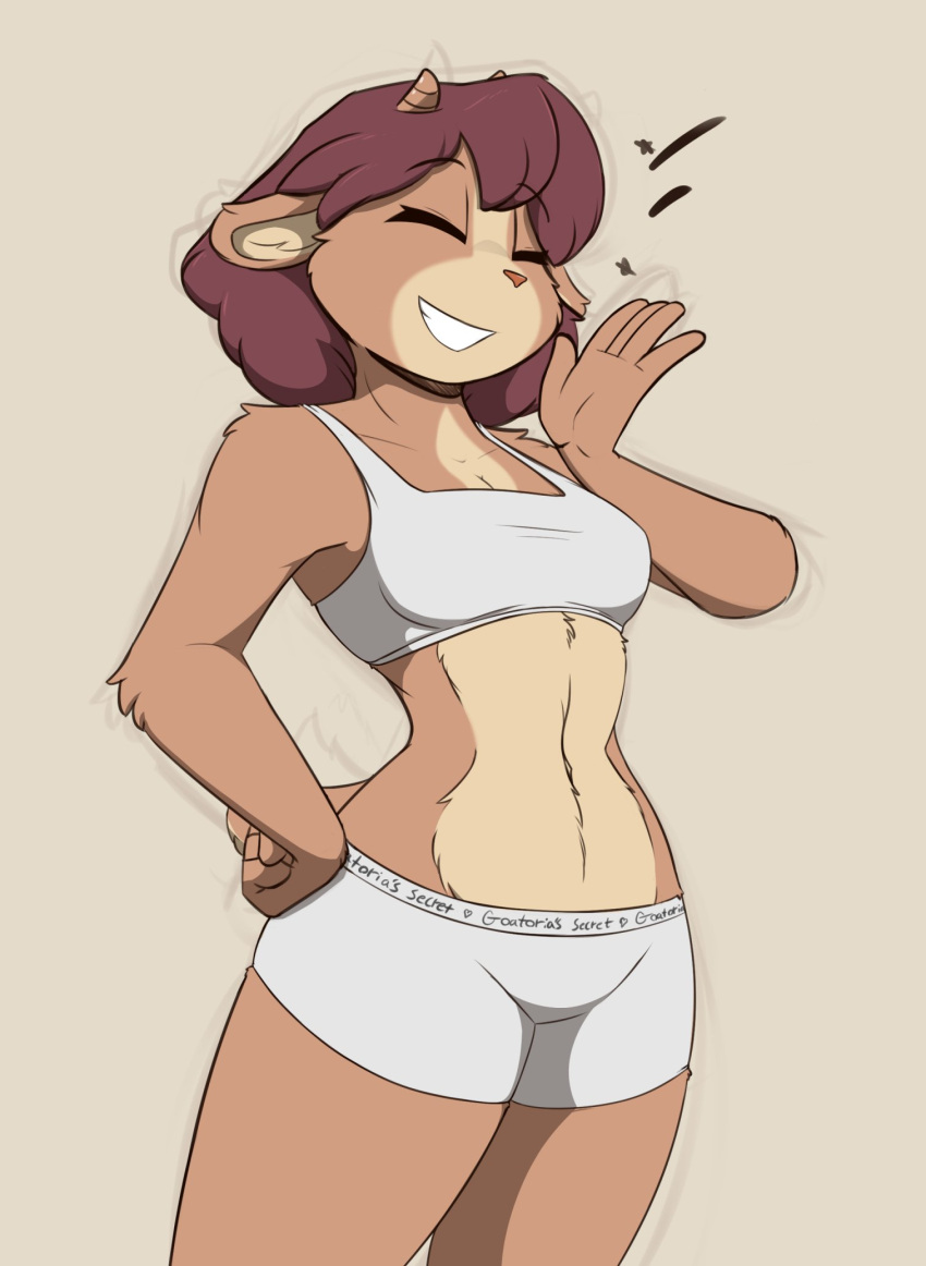 1girls anthro bovid boyshorts caprine casual clothing diana_caproni female goat goat_girl horn horns infinitedge mammal on_your_tail sports_bra sports_shorts sportswear victoria&#039;s_secret