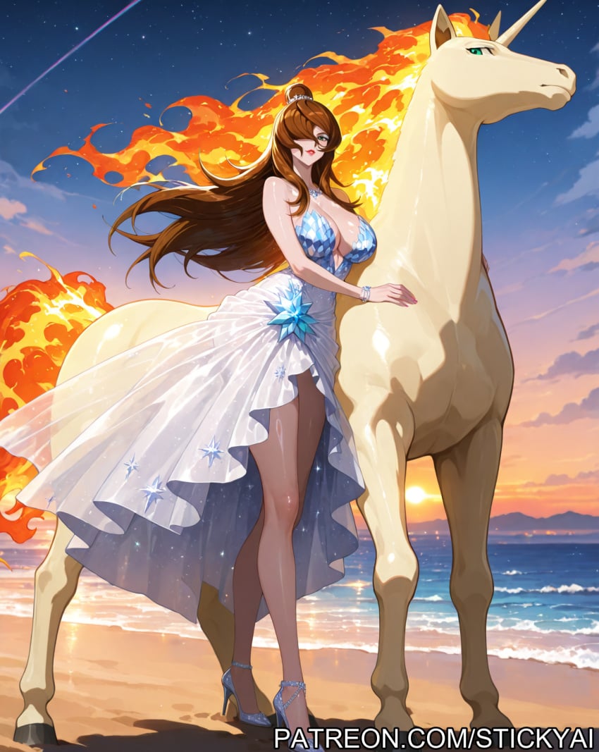 1girls ai_generated anime beach blonde_hair breasts brown_eyes female fit green_eyes mei_terumi naruto naruto_shippuden night nsfw ocean pokemon pokemon_(species) rapidash sand terumi_mei