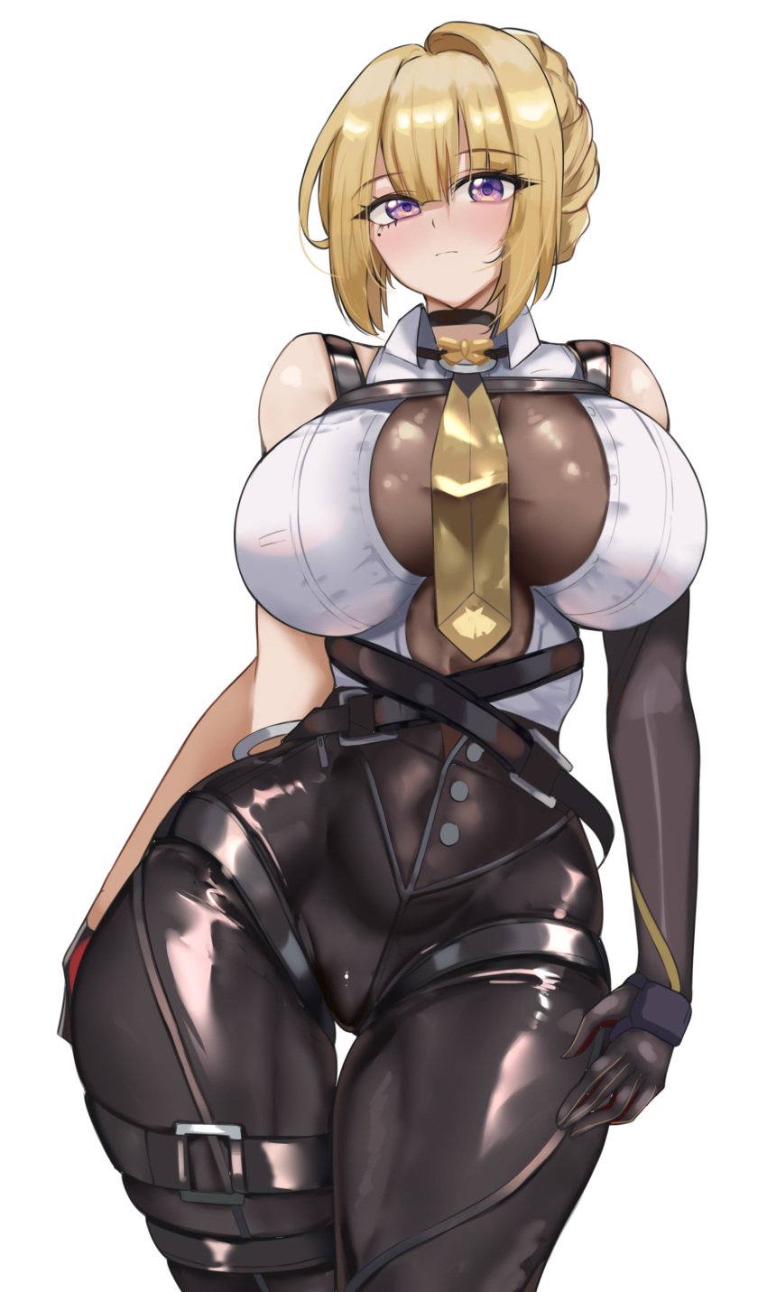 absurdres black_gloves black_pants blonde_hair breasts chest_harness closed_mouth evelyn_chevalier female gloves harness highres large_breasts looking_at_viewer necktie pants purple_eyes purplecat short_hair solo thigh_strap yellow_necktie zenless_zone_zero