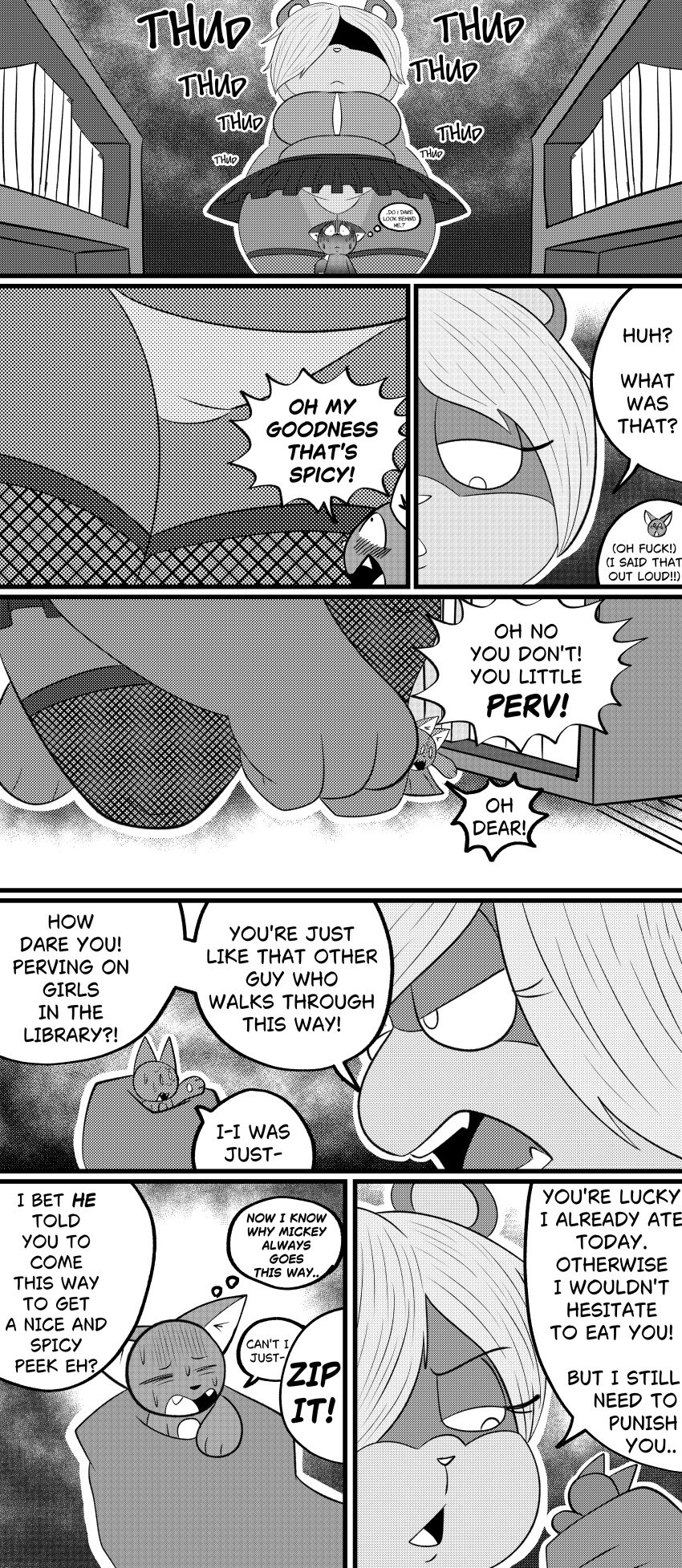 absurd_res angry anthro bottomwear clothed clothing comic dialogue domestic_cat duo extreme_size_difference felid feline felis female fishnet_clothing fishnet_legwear grabbing_micro greyscale hair hair_over_eye hi_res legwear macro male male/female mammal mephitid micro micro_on_macro monochrome nervous noa_(stillelk62) penelope_(stillelk62) size_difference skirt skunk speech_bubble stillelk62 upskirt