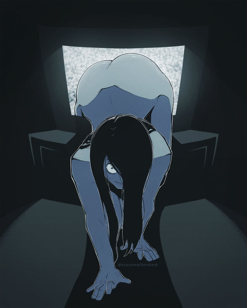 1girls 2d alternate_version_available artist_name ass black_hair coming_out_of_tv completely_nude completely_nude_female female female_only front_view long_hair looking_at_viewer naked naked_female nude nude_female solo solo_female textless the_ring travendraws tv yamamura_sadako
