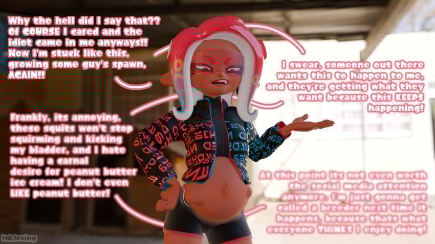 1920x1080 1girls 3d belly black_hair blender blender_eevee cherry_(inkloving) clothed complaining dialogue earrings fangs female female_on_top glasses hd hi_res inkloving kicking octoling octoling_girl original_character pregnant pregnant_female red_eyes red_hair shirt splatoon squint tentacle tentacle_hair topwear watermark wo262_(3d_model_style)