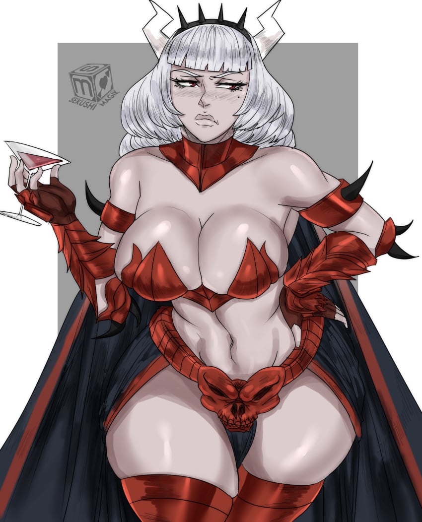 belly breasts demon demon_girl demon_horns female large_breasts lucifer_(helltaker) sekushimagik tagme