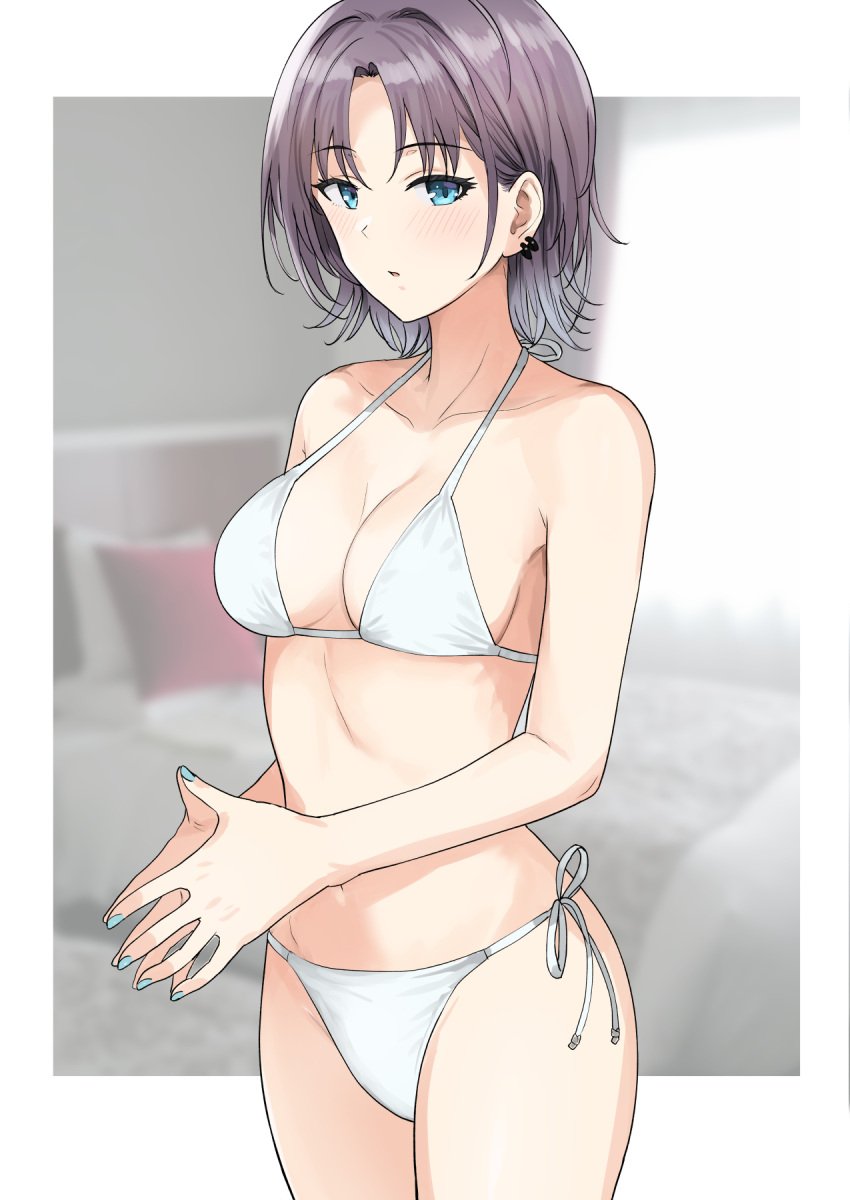armpit_crease asakura_toru bare_arms bare_belly bare_legs bare_shoulders bare_thighs belly_button bikini blonde_hair blue_nails blush breasts cleavage collarbone earrings gradient_hair idolmaster idolmaster_shiny_colors medium_breasts multicolored_hair nail_polish parted_lips purple_hair short_hair side-tie_bikini_bottom sideboob standing steepled_fingers string_bikini thighs tsurui white_bikini