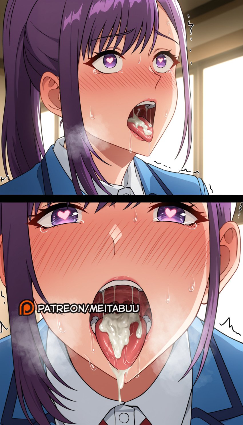 2koma after_fellatio blue_jacket blush collared_shirt comic cum cum_in_mouth cum_on_tongue cumdrip female gokkunsung_jin-ah heart heart-shaped_pupils indoors jacket long_hair meitabuu nose_blush open_mouth ponytail purple_eyes purple_hair saliva school_uniform shirt solo_leveling sweat symbol-shaped_pupils tearing_up tears teeth tongue tongue_out trembling uvula white_shirt window