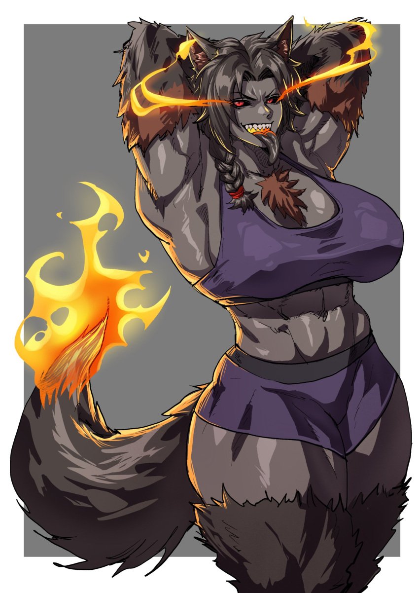 abs animal_ears female female female_only flaming_tail hellhound shorts sports_bra tail virgoart1509