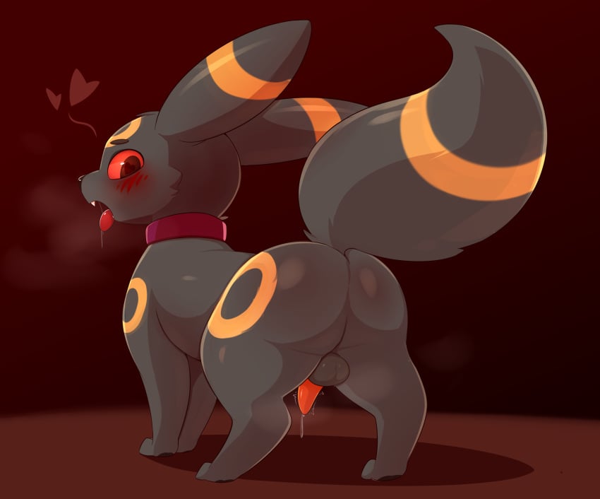 2023 2d_(artwork) ass black_body black_muzzle blush blushing_male cracker_(artist) eeveelution eyebrows fluffy_tail game_freak heart-shaped_pupils heart_symbol highres in_heat looking_at_penis male male_focus male_only needy open_mouth orange_penis penis_dripping pokemon pokemon_(species) red_eyes saliva small_balls small_fangs small_male small_penis tail umbreon